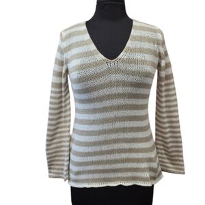 Coastal Cozy Wooden Ships XS / S Cream & White Stripe V-Neck Sweater Knit